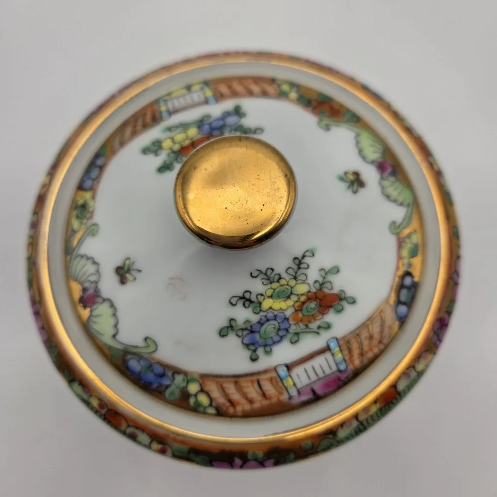 Vintage Cantonese Famille Rose Medallion Porcelain Tea Set Peonies Butterflies